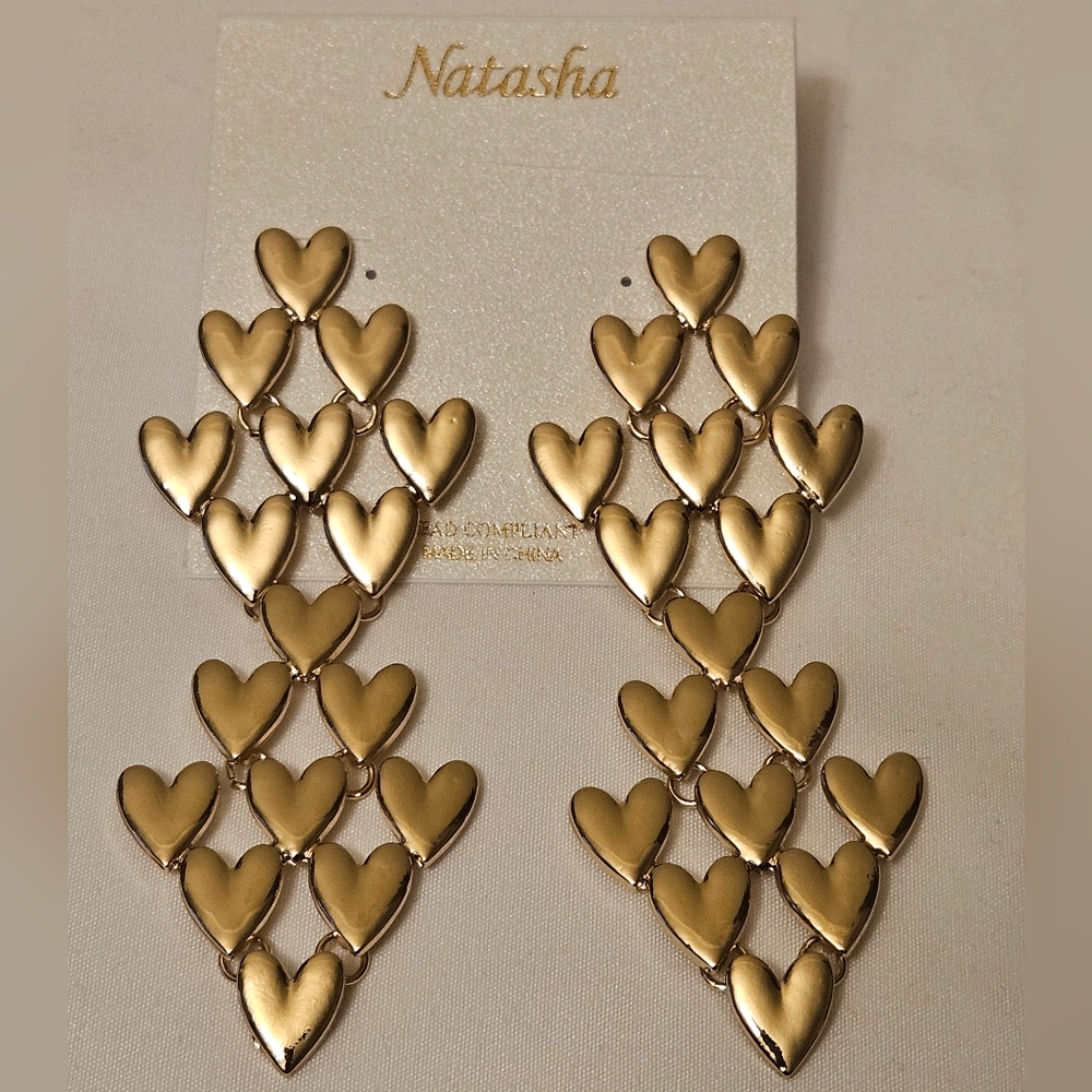 Natasha Gold-tone Heart Chandelier Earrings NWT Statement Dangle Earrings